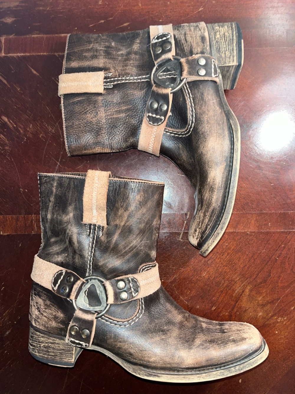 Bed Stu Brown and Tan Harness Ankle Boots